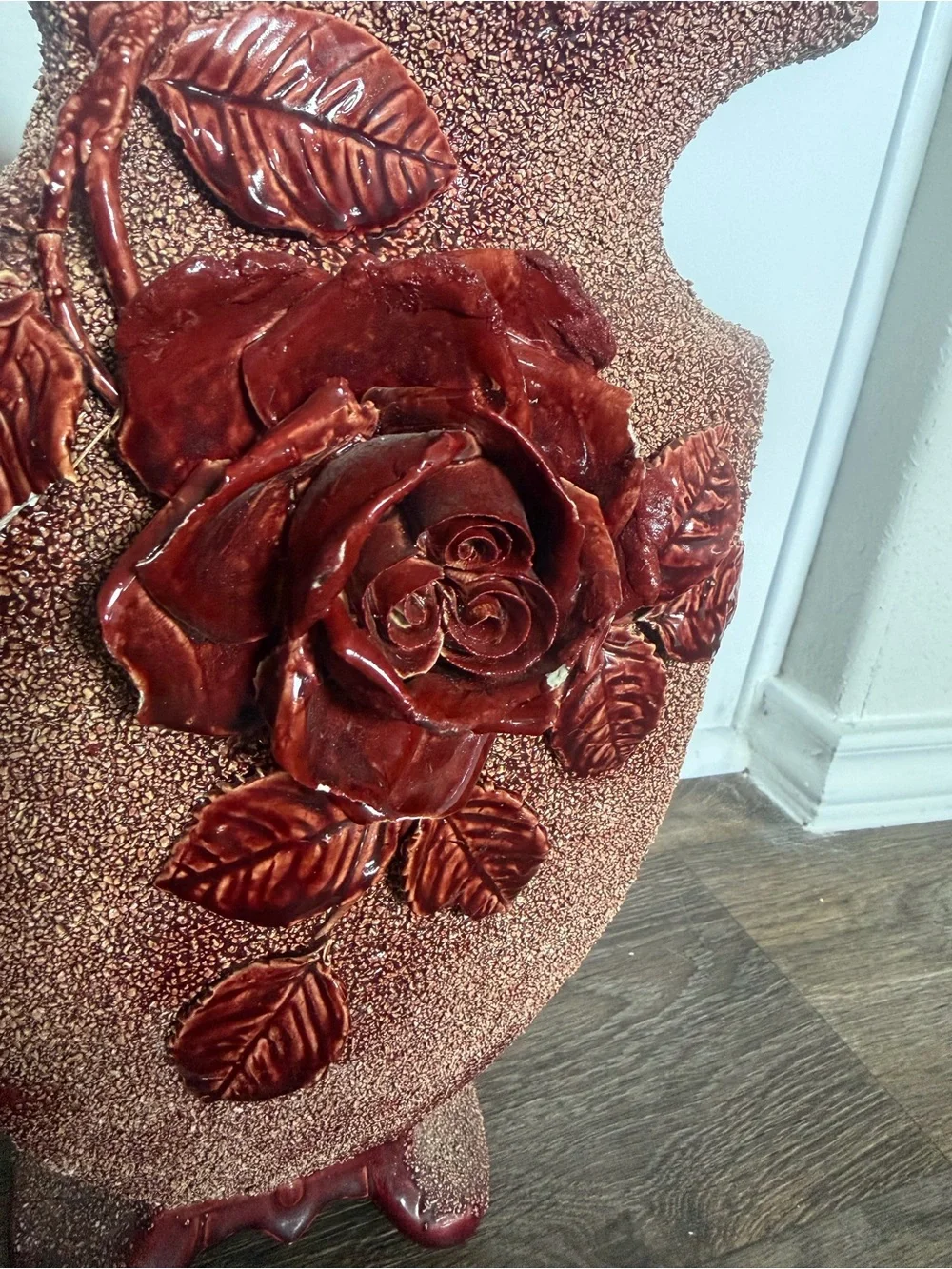 Vintage sand Majolica barbotine vase Rose